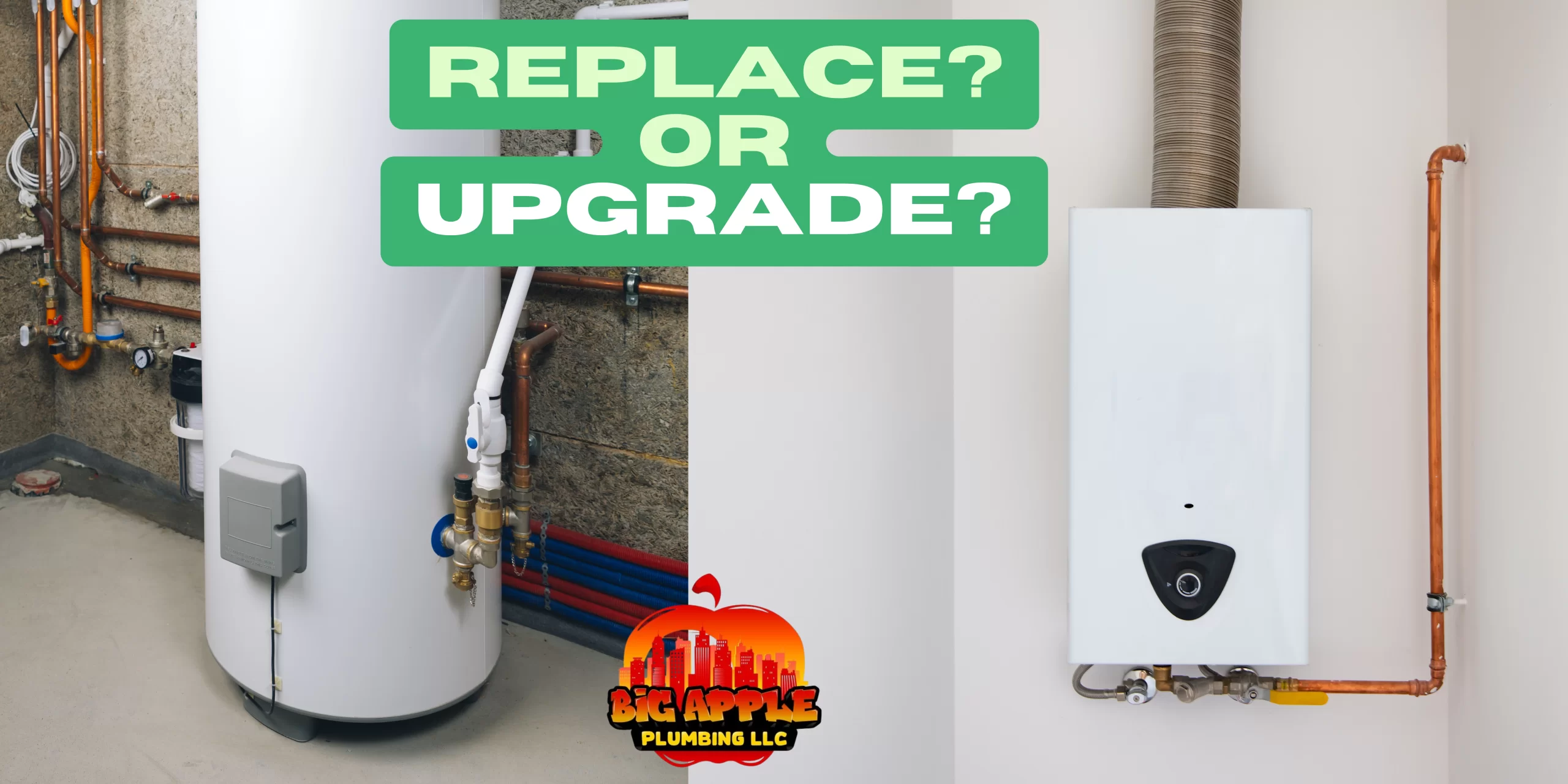 Traditional water heater next to a Tankless water heater, with caption: "Replace? or Upgrade?"