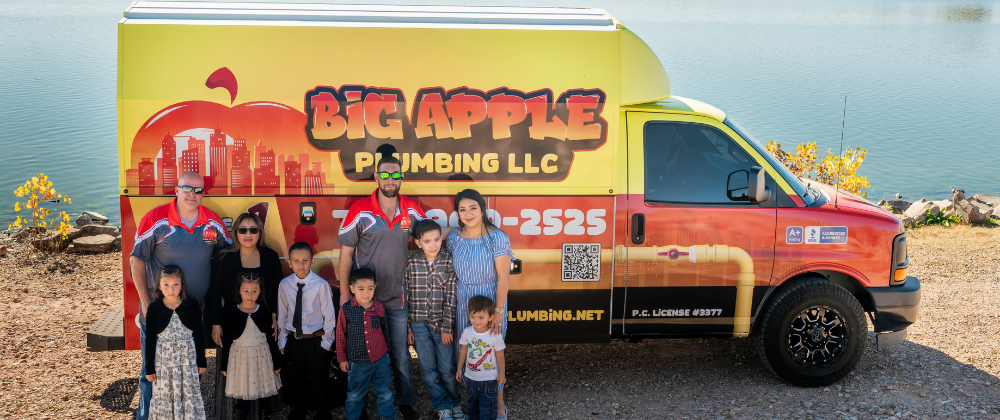 Big Apple Plumbing LLC team with service truck serving Westminster, Broomfield, and Thornton CO for plumbing, sewer, and water heater services